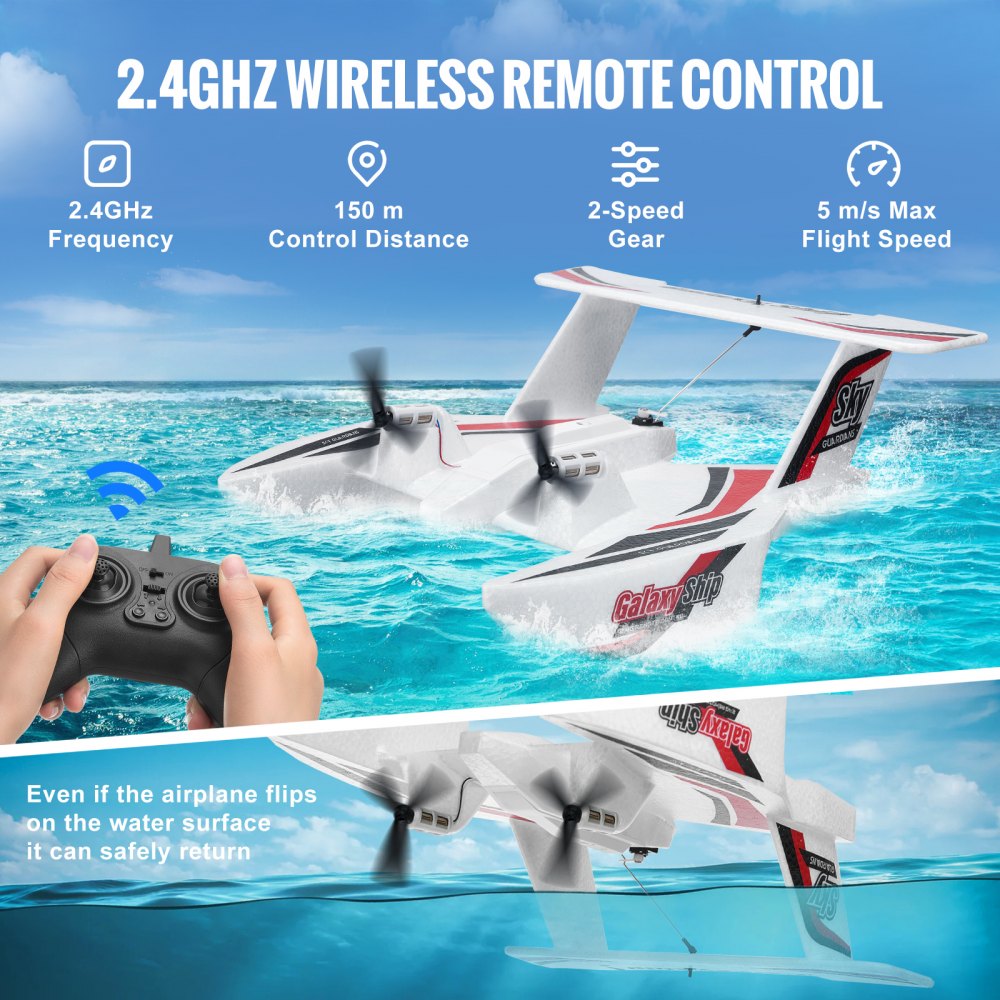 VEVOR RC airplane, 2.4 GHz 3-channel remote control airplane with 6-axis gyro stabilizer, ready-to-fly amphibious airplane toy with 2 batteries, easy-to-fly RC glider for adults, children, beginners and boys