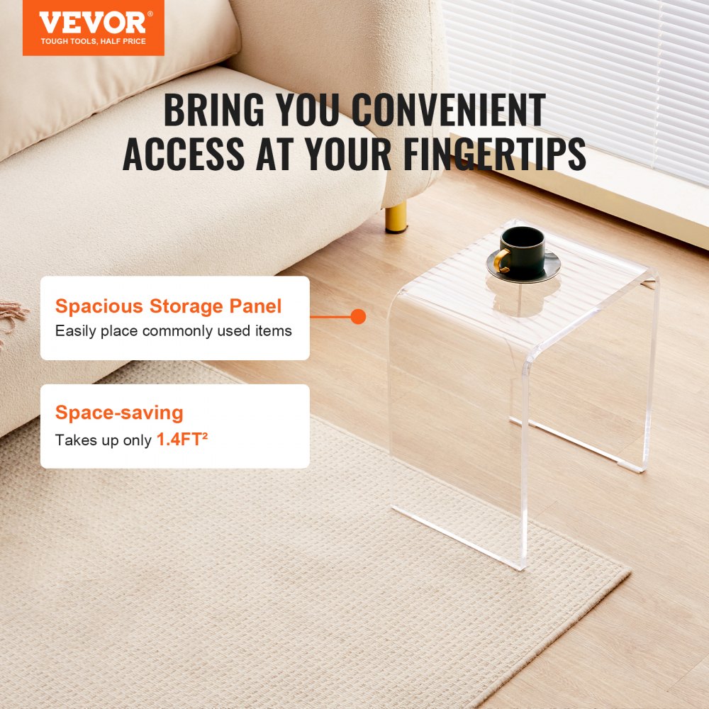 VEVOR Acrylic Side Table 415 x 305 x 460 mm, U-shaped Acrylic Side Table, Transparent Coffee Table for Drinks, Food, Snacks, Used in Living Room, Bedroom, Study etc.
