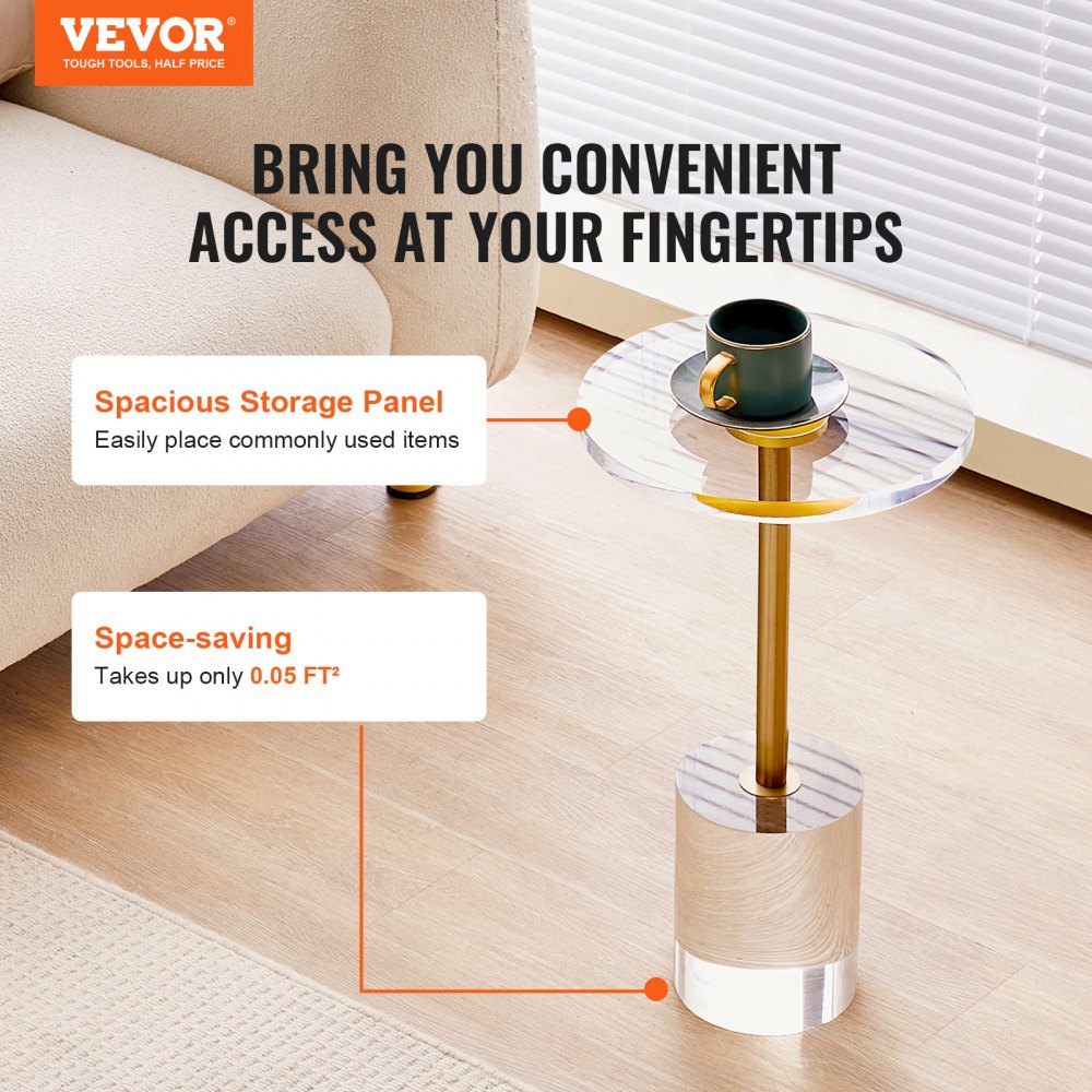 VEVOR Transparent Acrylic Side Table, Acrylic Side Table with Solid Base, φ302 x 20 mm Round Tabletop, 543 mm High, for Coffee, Drinks, Food, Snacks, Suitable for Living Room, Dining Room