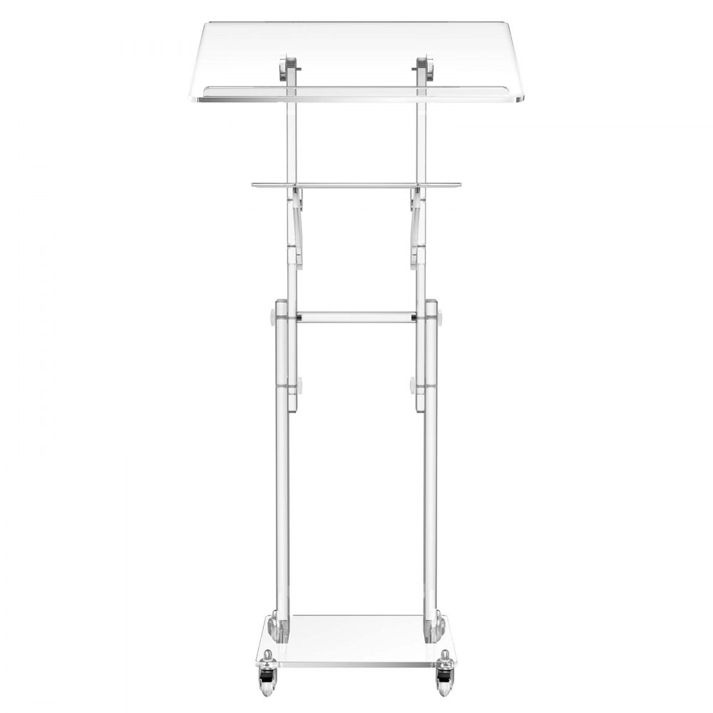 VEVOR Leggio Altezza Regolabile in Acrilico con Supporto Mobile per Laptop, Ideale per Scuole, Chiese ed Eventi, 109-118 cm, Trasparente Portatile, con Inclinazione da 70 a 180° e Ripiano Portaoggetti