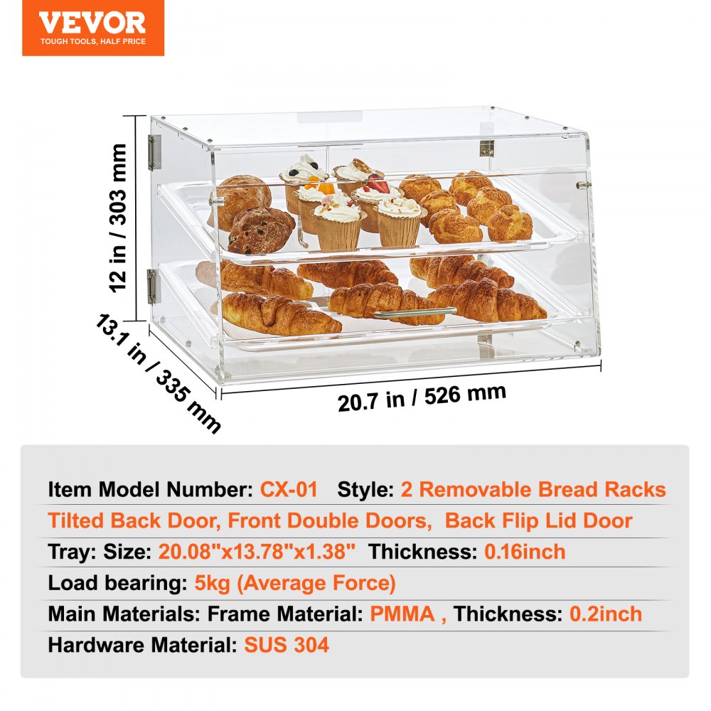 VEVOR Espositore per Pasticceria 2 Ripiani Accesso sul Retro Ripiani Rimovibili in Acrilico Trasparente, Espositore da Pasticceria per Pane Dolci da Pasticceria 510 x 350 x 35 mm Vetrina da Panificio