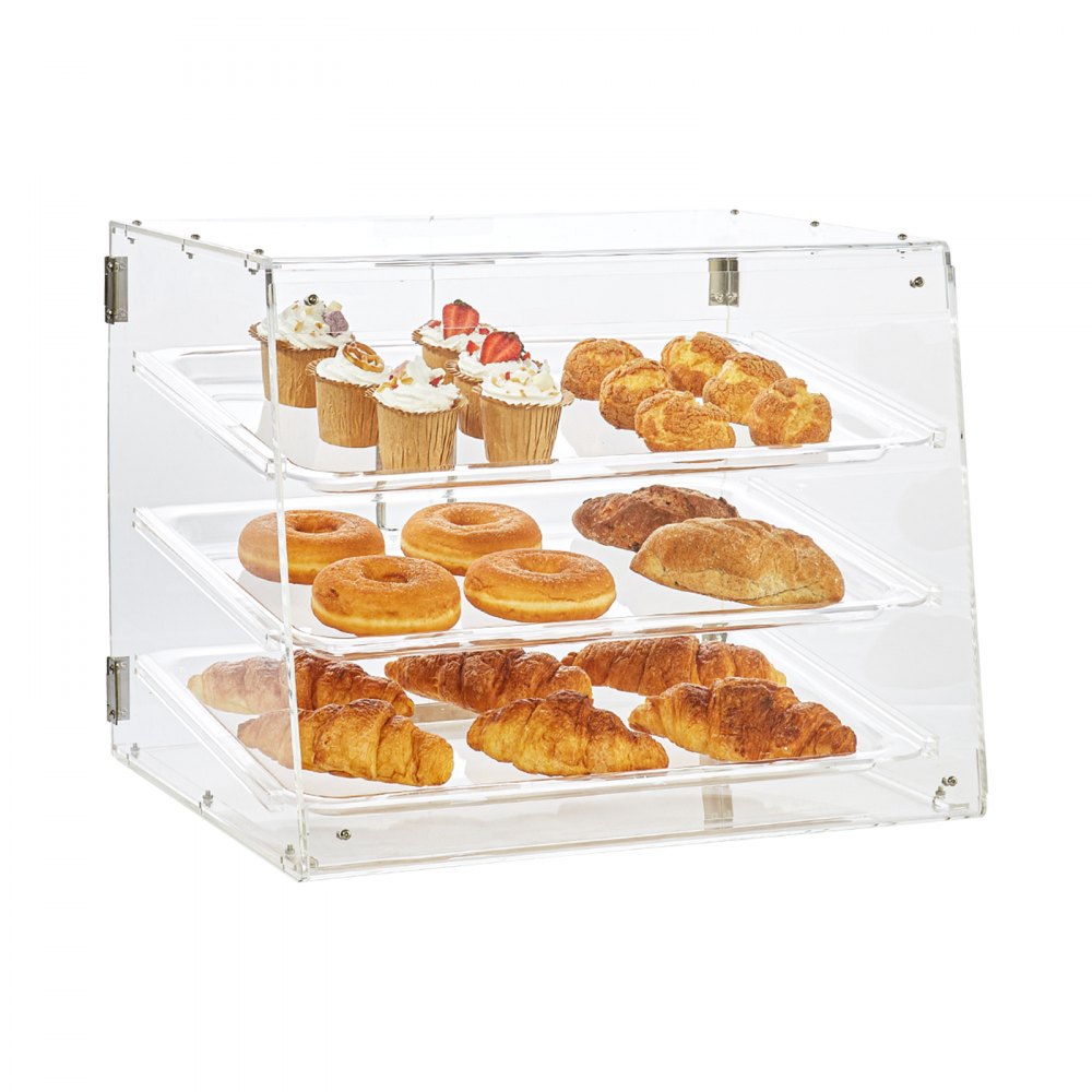 VEVOR Espositore per Pasticceria 3 Ripiani Accesso sul Retro Ripiani Rimovibili in Acrilico Trasparente, Espositore da Pasticceria per Pane Dolci da Pasticceria 526 x 360 x 415mm Vetrina da Panificio