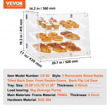 VEVOR Espositore per Pasticceria 3 Ripiani Accesso sul Retro Ripiani Rimovibili in Acrilico Trasparente, Espositore da Pasticceria per Pane Dolci da Pasticceria 526 x 360 x 415mm Vetrina da Panificio
