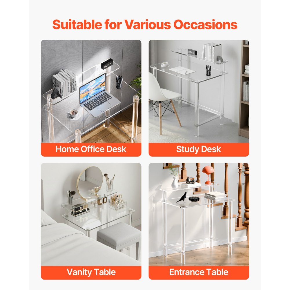 VEVOR Scrivania in Acrilico, Rettangolare a 2 Livelli Capacità di Carico 60 kg, Moderno Tavolino da Computer, per Camera da Letto, Isola Cucina, Ristorante, Ufficio, 50 x 80 x 88 cm, Trasparente