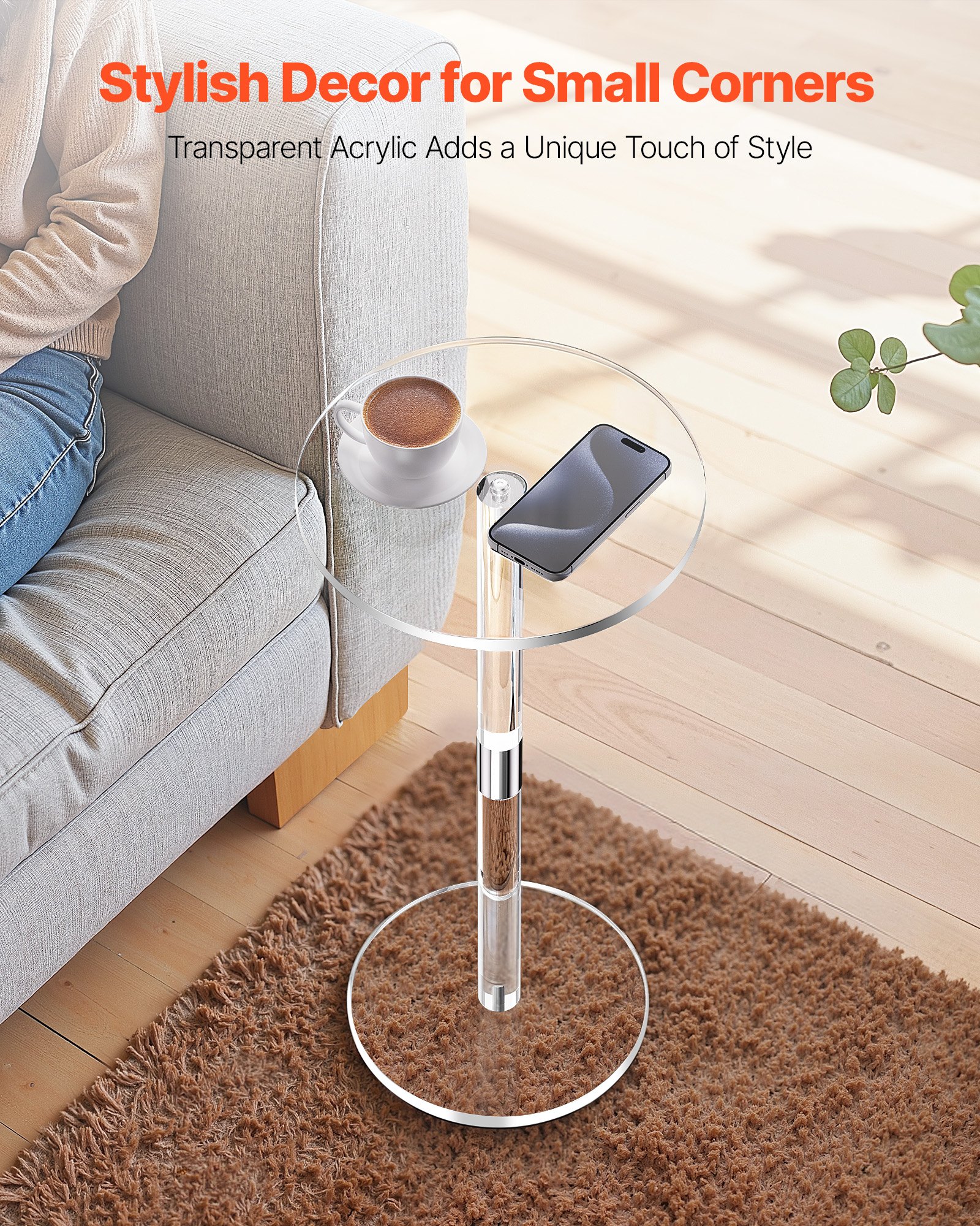 VEVOR Acrylic Drink Table, Clear End Table Round Top with Solid Post, Modern Acrylic Cake Table Stand, Transparent Side Desk for Coffee, Drink, Food, Snack, Easy Assembly, 25.4 x 25.4 x 54 cm (Clear)