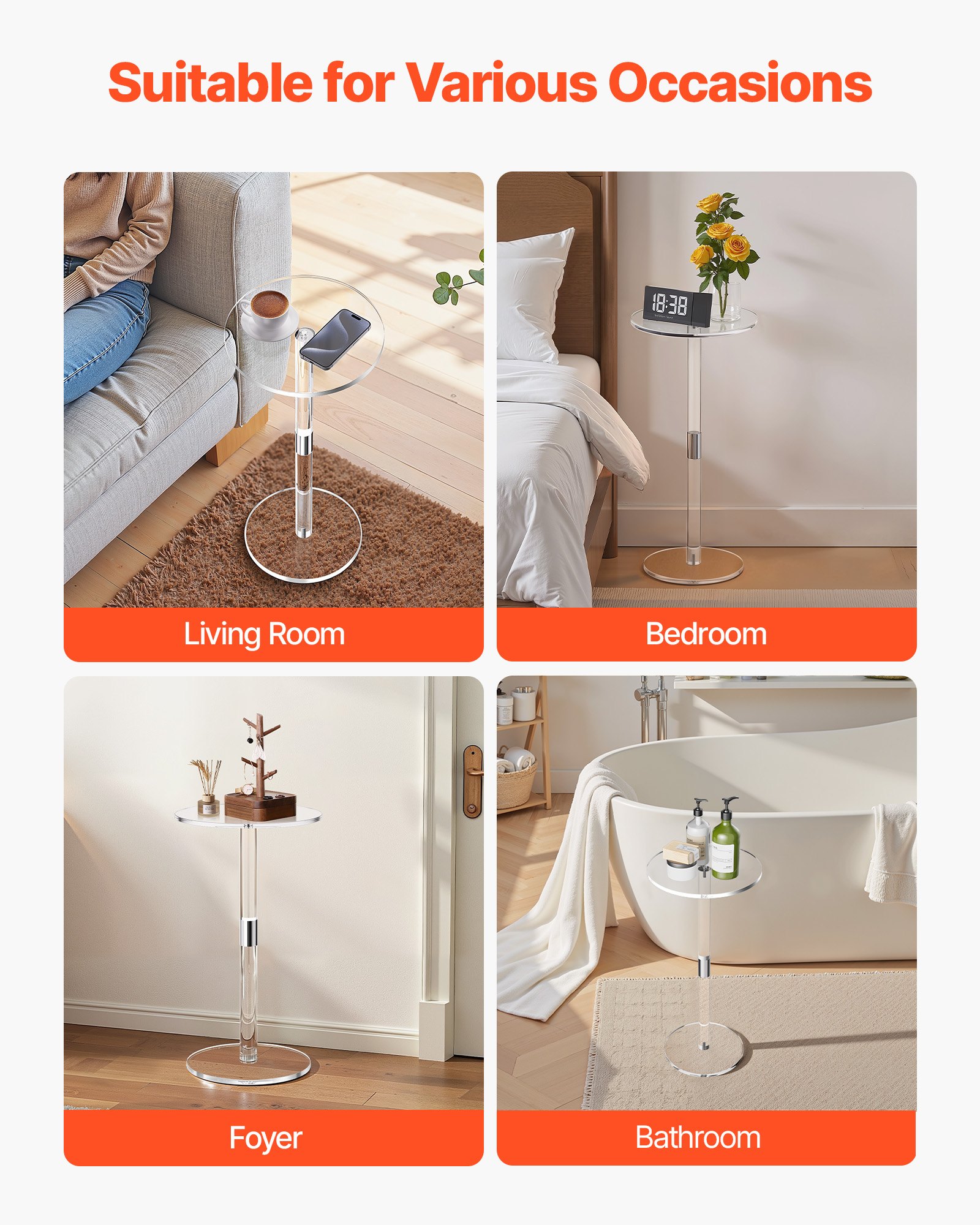 VEVOR Acrylic Drink Table, Clear End Table Round Top with Solid Post, Modern Acrylic Cake Table Stand, Transparent Side Desk for Coffee, Drink, Food, Snack, Easy Assembly, 25.4 x 25.4 x 54 cm (Clear)