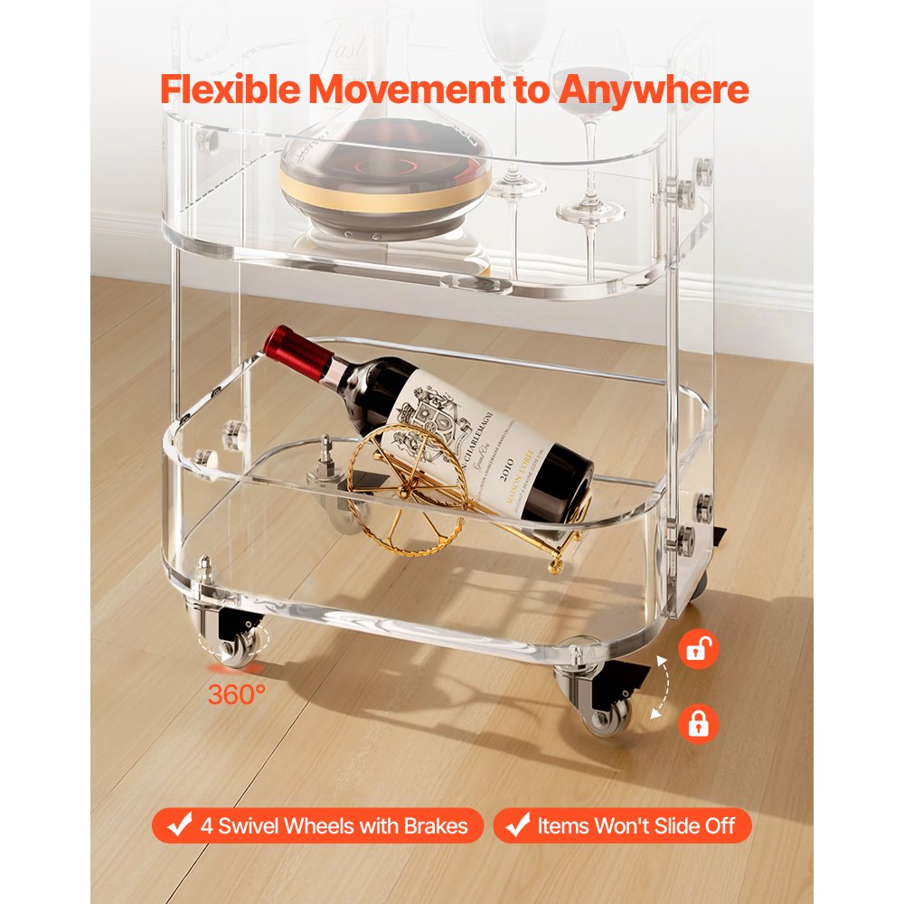 VEVOR Carrello di Servizio Mobile a 2 Ripiani, Carrello in Acrilico con Spazio di Archiviazione, Comodino Trasparente Come Tavolino Laterale, per Soggiorno, Camera da Letto, Bar, Ufficio