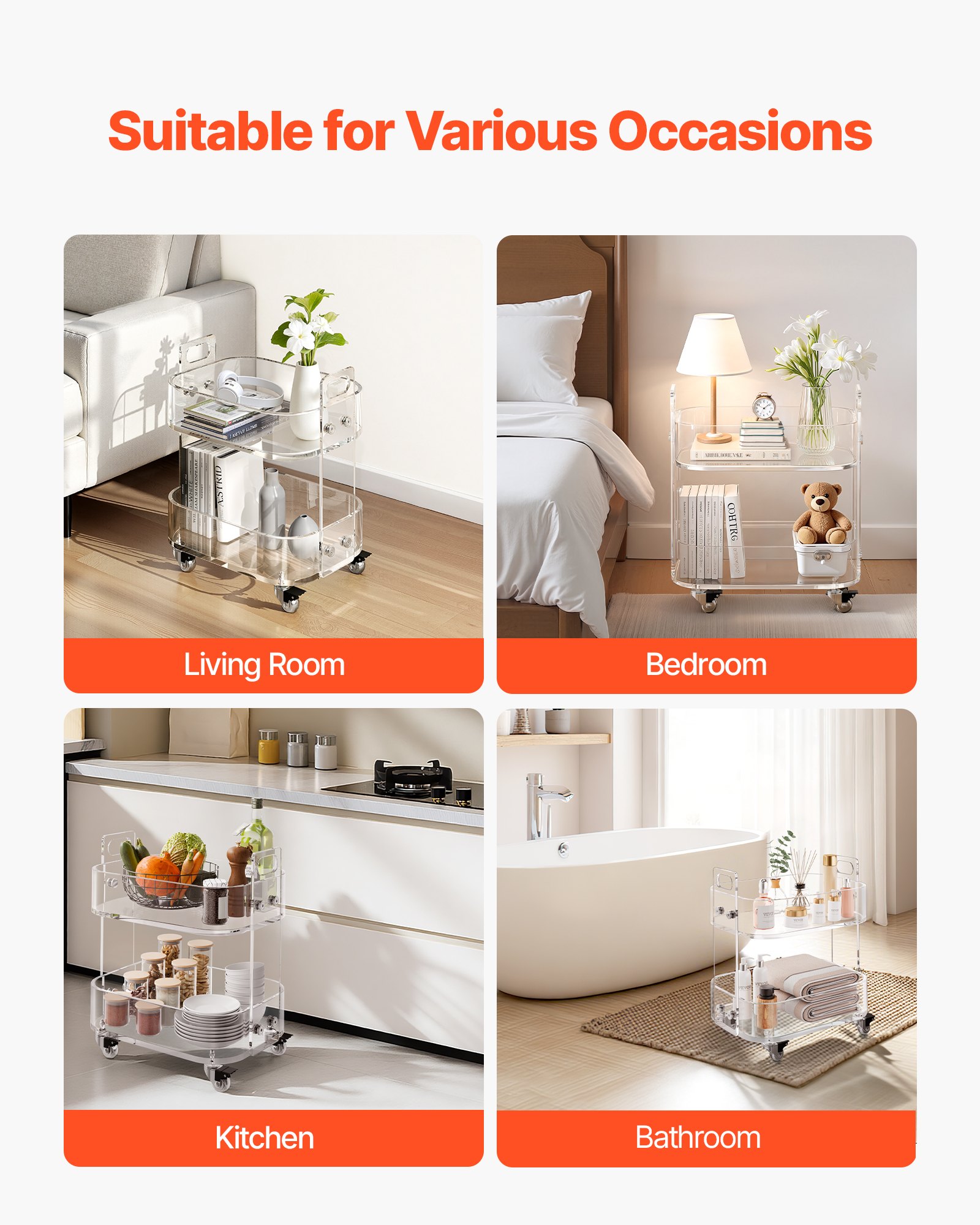 VEVOR Carrello di Servizio Mobile a 2 Ripiani, Carrello in Acrilico con Spazio di Archiviazione, Comodino Trasparente Come Tavolino Laterale, per Soggiorno, Camera da Letto, Bar, Ufficio