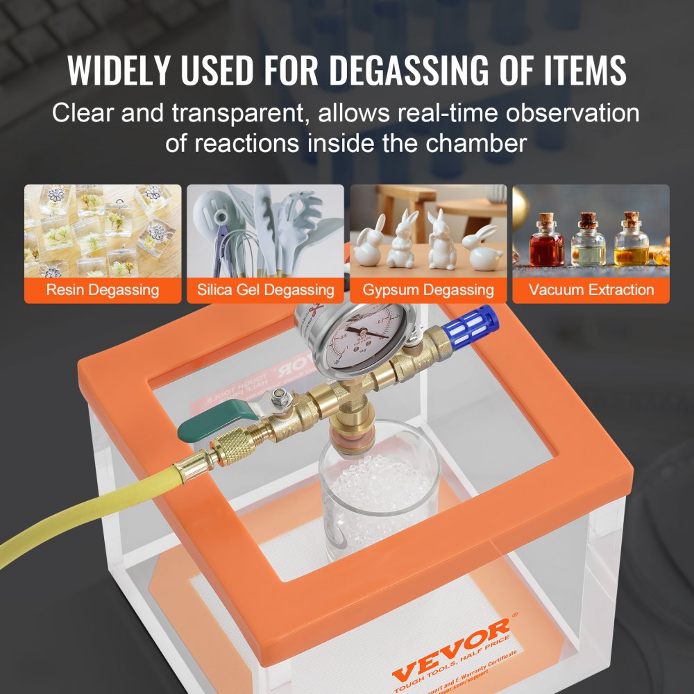 VEVOR 2 Gallon Vacuum Chamber, Improved Multi-Purpose Acrylic Vacuum Degassing Chamber, Transparent Vacuum Chamber, for Resin Degassing, Silica Gel Degassing, Gypsum Degassing and Vacuum Extraction