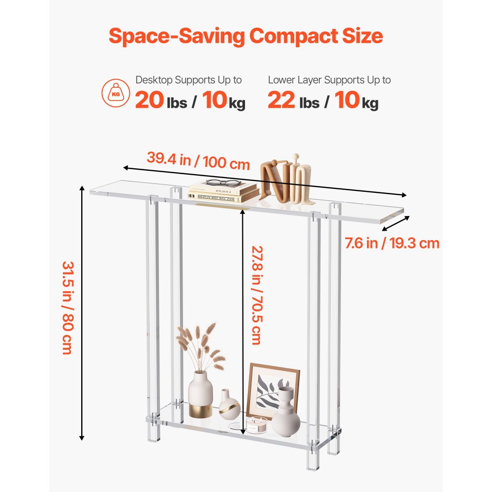 VEVOR Acrylic Console Table, 2 Tiers Narrow Side Desk with Bottom Open Storage, Modern Rectangle Acrylic End Table, Transparent Entry Desk for Foyer, Hallway, Living Room, 19.3 x 100 x 80 cm (Clear)