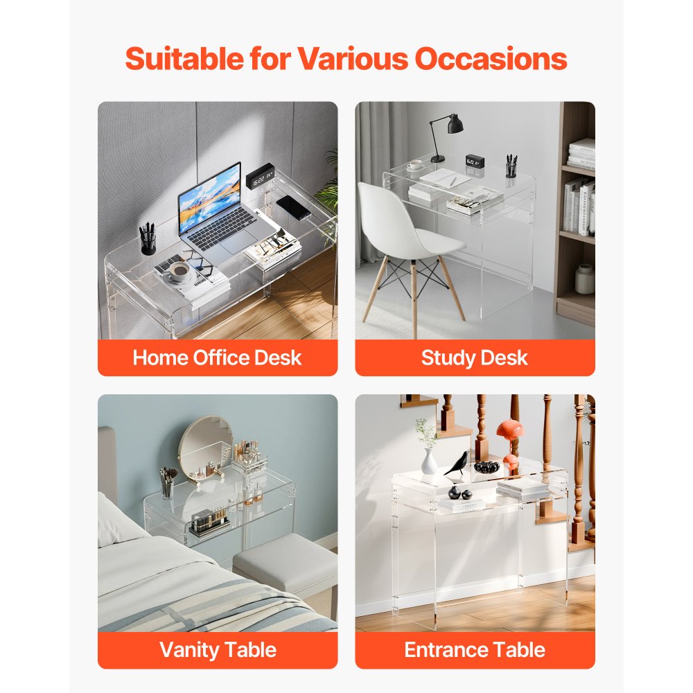 VEVOR Scrivania in Acrilico Trasparente, Rettangolare a 2 Livelli con Contenitore, Moderno Tavolino da Computer, per Camera da Letto, Isola Cucina, Ristorante, Ufficio, 40 x 85 x 75 cm, Trasparente