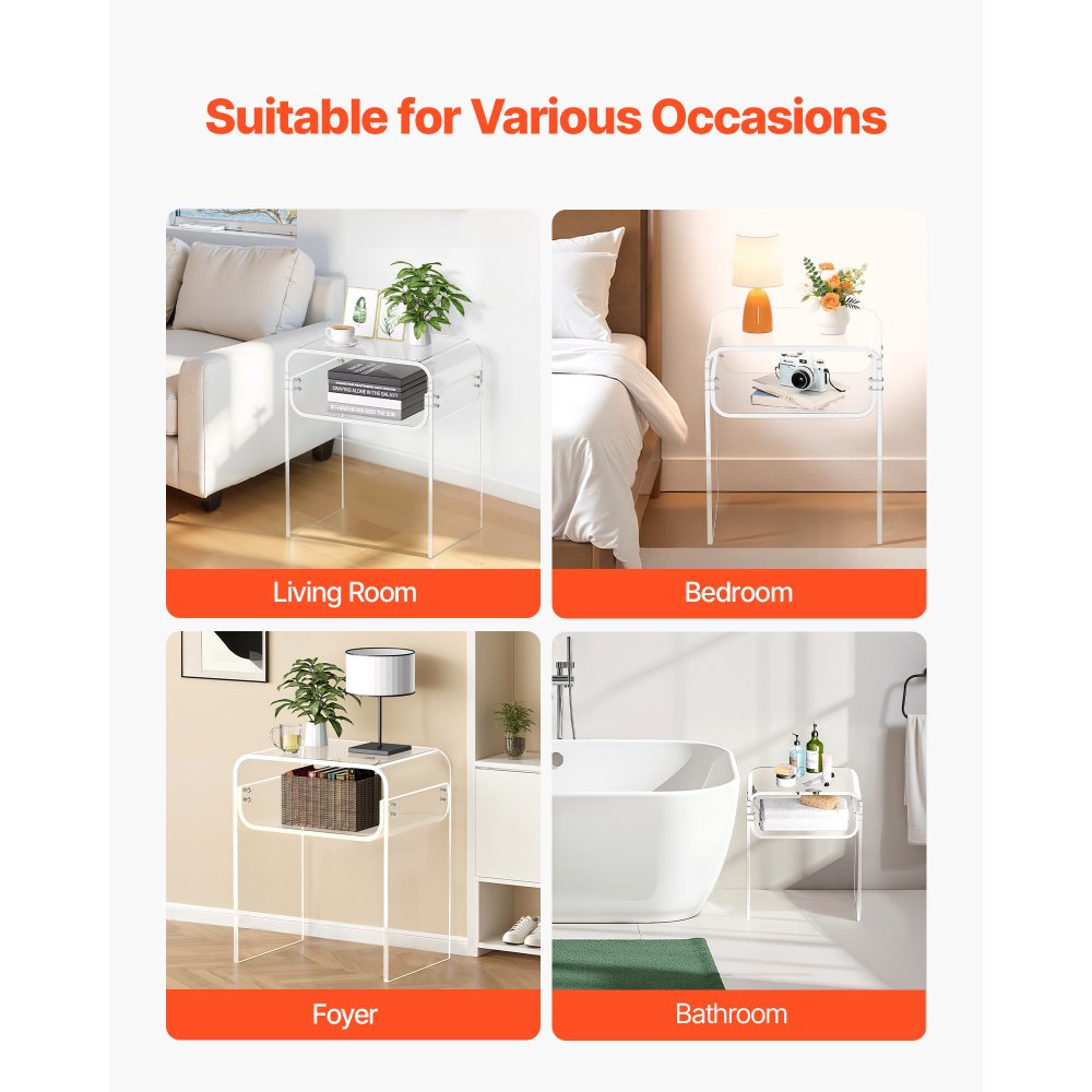 VEVOR Tavolino in Acrilico, Comodino Trasparente a 2 Livelli con Ripiano, Comodino Rettangolare Moderno in Acrilico, Comodino Spesso per Camera da Letto, Soggiorno, Studio, 30 x 40 x 50 cm