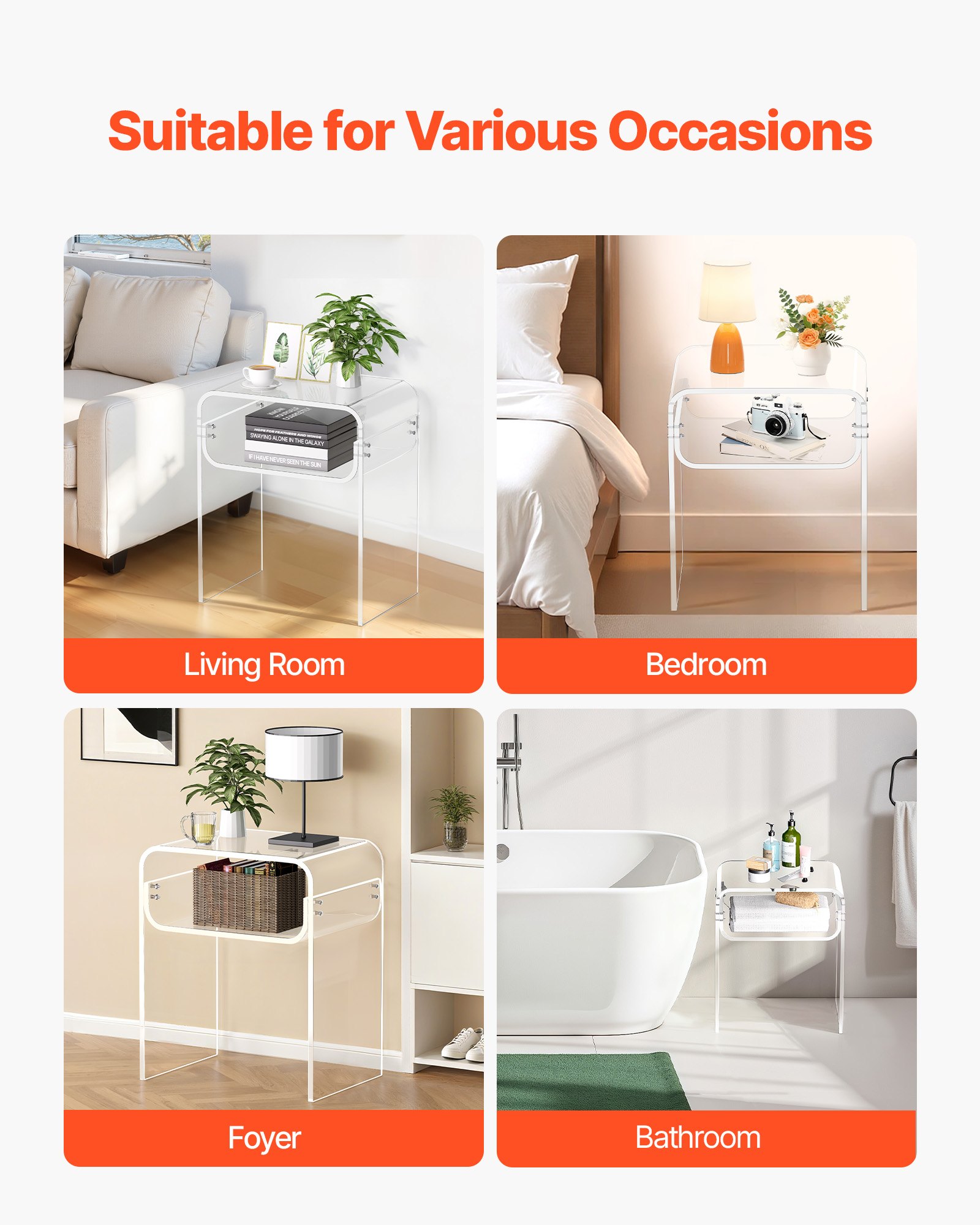 VEVOR Tavolino in Acrilico, Comodino Trasparente a 2 Livelli con Ripiano, Comodino Rettangolare Moderno in Acrilico, Comodino Spesso per Camera da Letto, Soggiorno, Studio, 30 x 40 x 50 cm