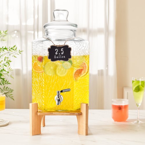 Distributore di bevande, in vetro da 5 l, con rubinetto in acciaio inox, dispenser per bevande con supporto in bambù, dispenser per bevande fredde o calde per feste