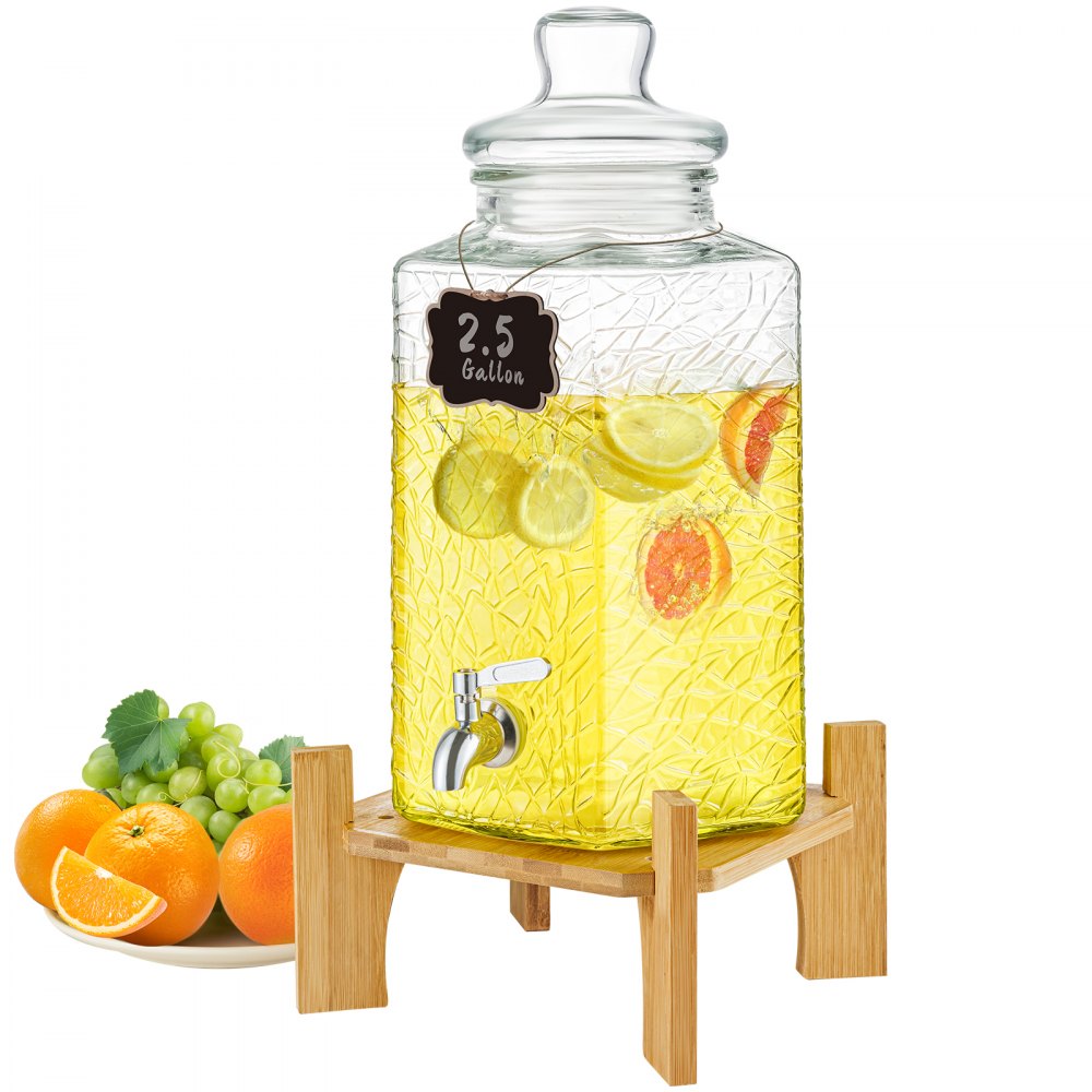 VEVOR Dispenser per Bevande di Vetro, Dispenser per Bevande da 10 Litri per Feste, con Supporto, Rubinetto Acciaio Inossidabile, Dispenser per Acqua per Succo, Tè Freddo, Ristoranti, Hotel, Feste