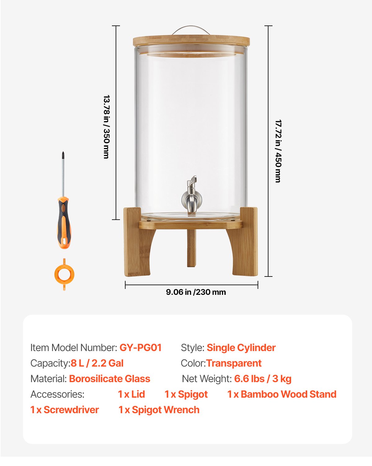 VEVOR Beverage Dispenser (1 x 8 L) for Parties, Juice Dispenser (made of glass) with drip-proof tap & wooden stand, Water Dispenser for Restaurants, Parties, Lemonade, Iced Tea, Homemade Drinks Dispenser