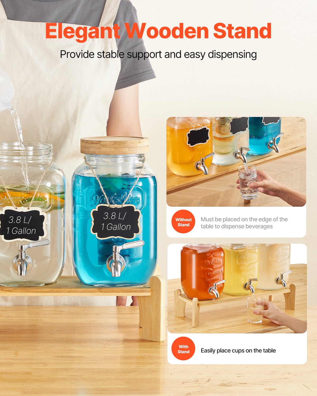 VEVOR Distributore di Bevande, 3 Pezzi da 8 L, Contenitore di Succhi in Vetro con Supporto in Legno, Rubinetto in Acciaio Inox, Infusore, Distributore di Tè Freddo, Limonata, per Feste