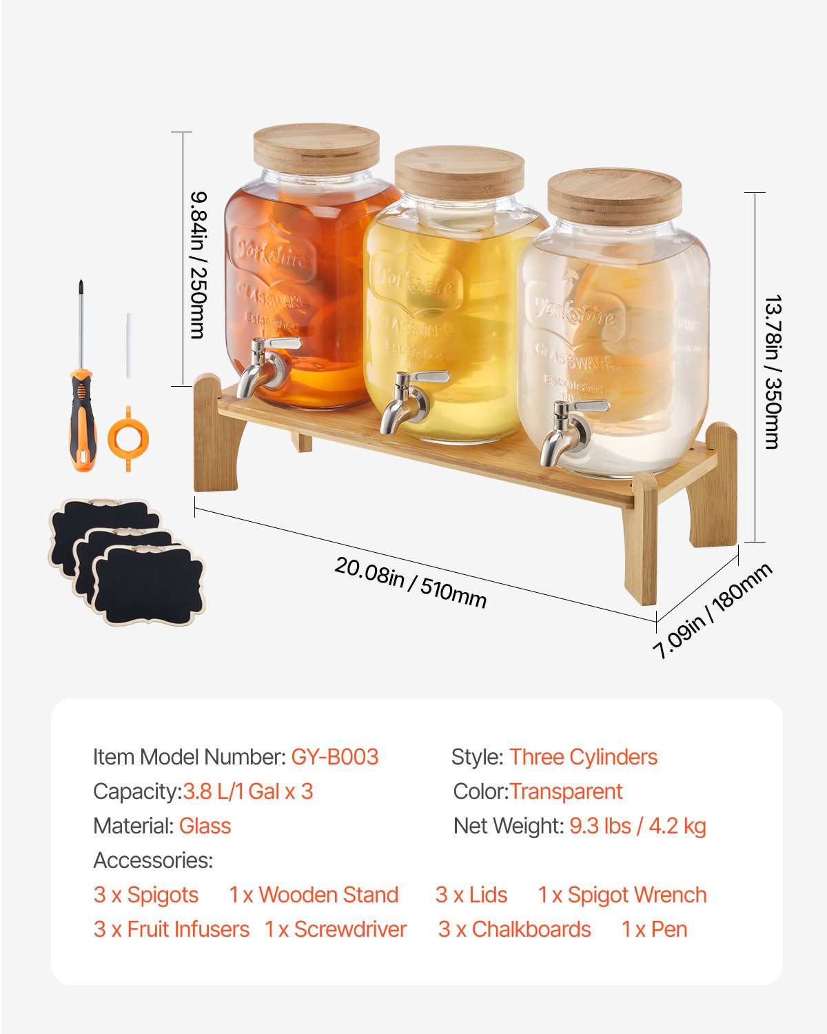 VEVOR Distributore di Bevande, 3 Pezzi da 8 L, Contenitore di Succhi in Vetro con Supporto in Legno, Rubinetto in Acciaio Inox, Infusore, Distributore di Tè Freddo, Limonata, per Feste