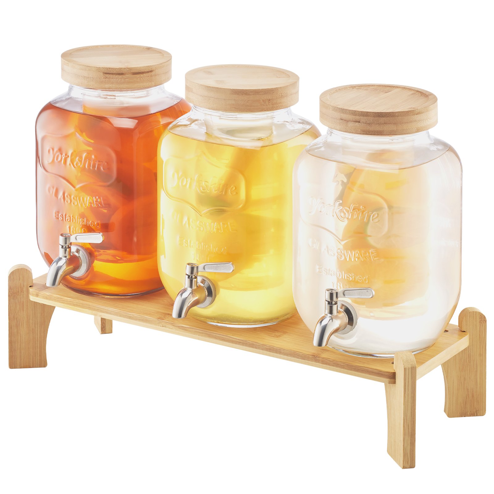 VEVOR Distributore di Bevande, 3 Pezzi da 8 L, Contenitore di Succhi in Vetro con Supporto in Legno, Rubinetto in Acciaio Inox, Infusore, Distributore di Tè Freddo, Limonata, per Feste