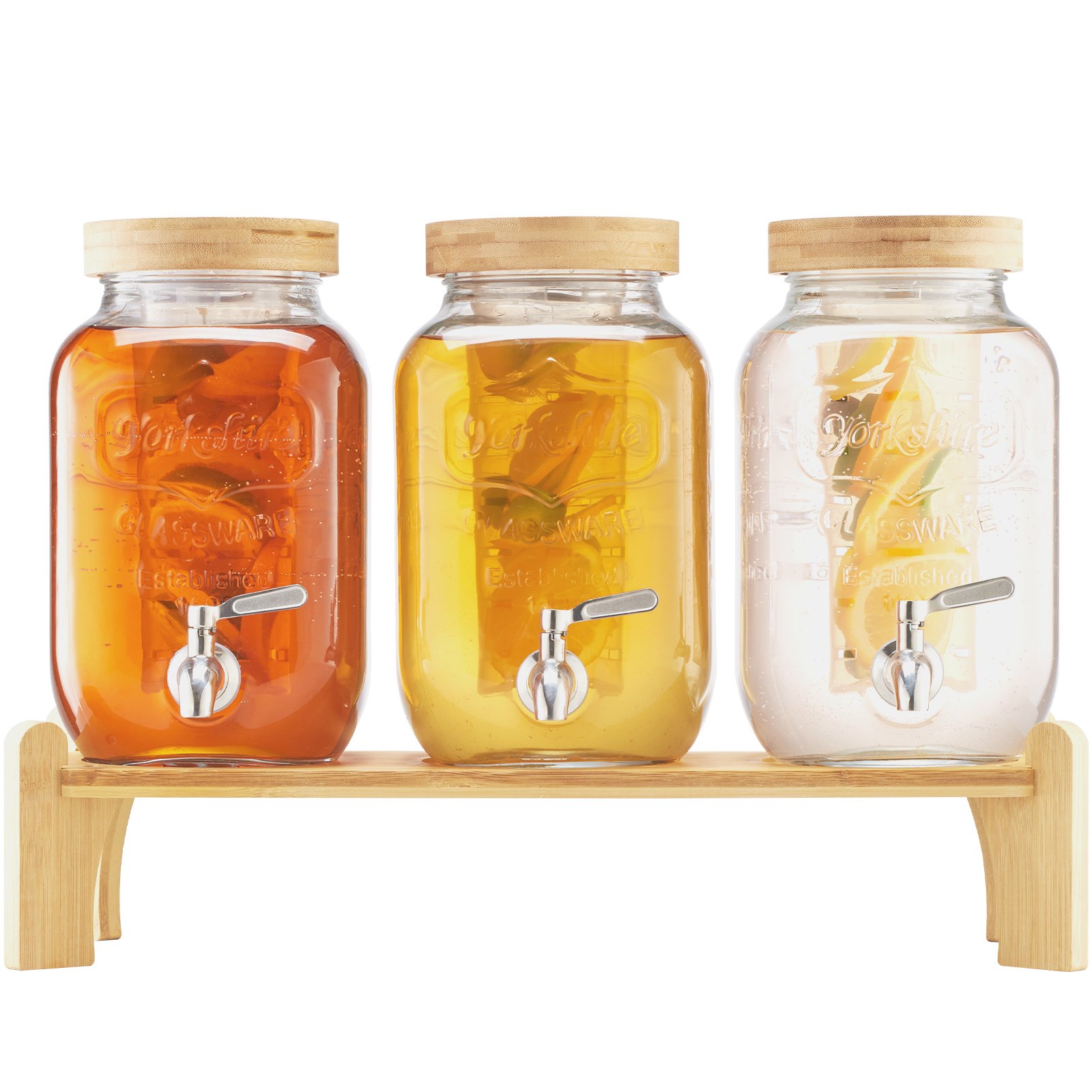VEVOR Distributore di Bevande, 3 Pezzi da 8 L, Contenitore di Succhi in Vetro con Supporto in Legno, Rubinetto in Acciaio Inox, Infusore, Distributore di Tè Freddo, Limonata, per Feste