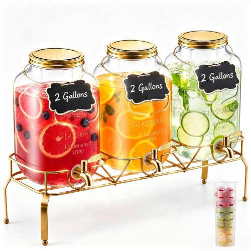 VEVOR Distributore di Bevande, 3 Pezzi da 8 L, Contenitore di Succhi in Vetro con Supporto in Metallo, Rubinetto in Acciaio Inox, Infusore, Distributore di Tè Freddo, Limonata, per Feste
