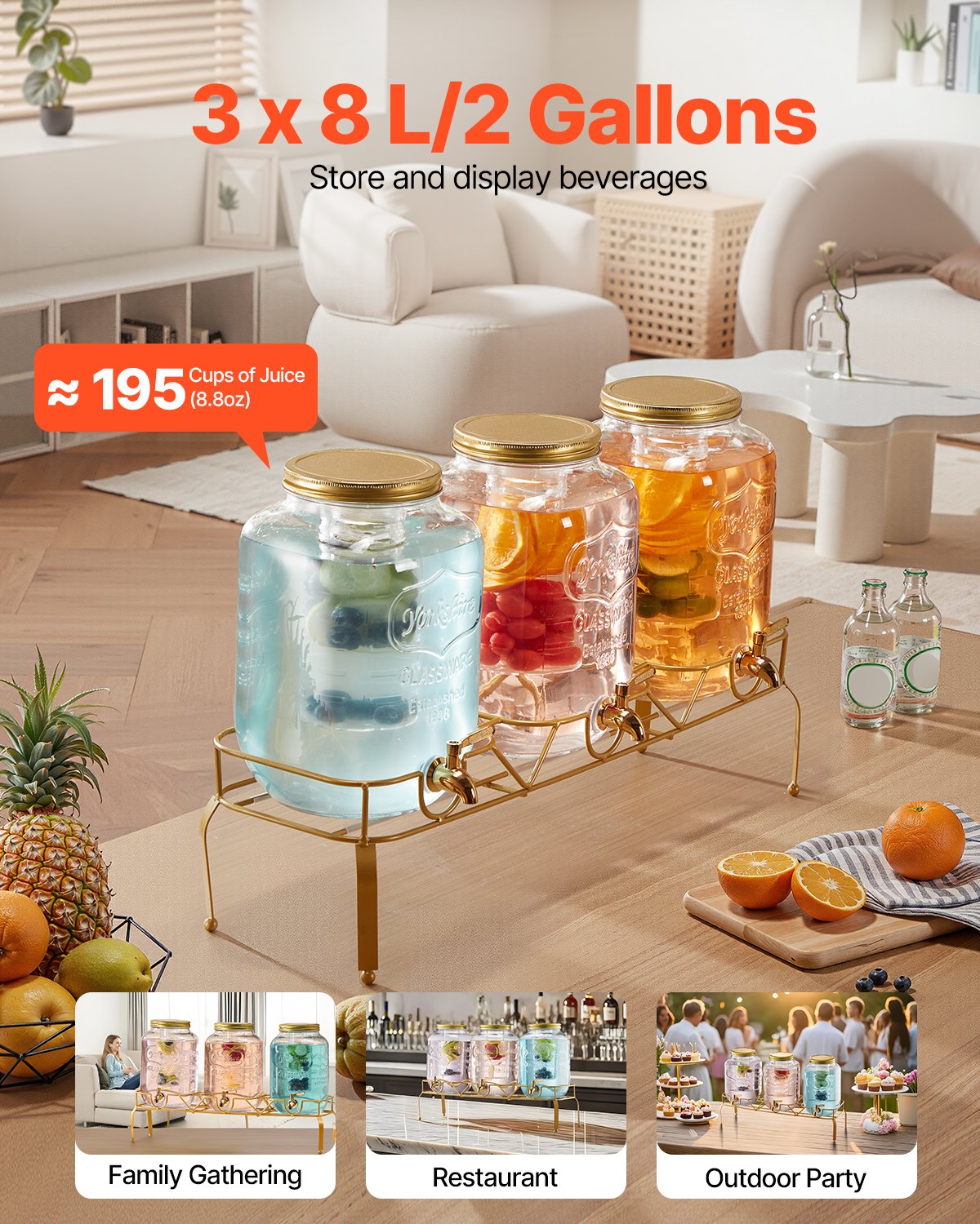 VEVOR Distributore di Bevande, 3 Pezzi da 8 L, Contenitore di Succhi in Vetro con Supporto in Metallo, Rubinetto in Acciaio Inox, Infusore, Distributore di Tè Freddo, Limonata, per Feste