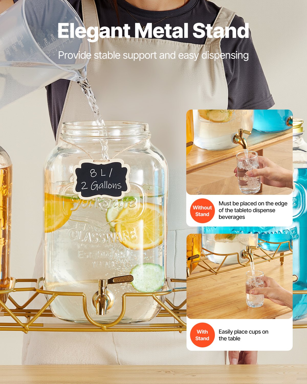 VEVOR Distributore di Bevande, 3 Pezzi da 8 L, Contenitore di Succhi in Vetro con Supporto in Metallo, Rubinetto in Acciaio Inox, Infusore, Distributore di Tè Freddo, Limonata, per Feste