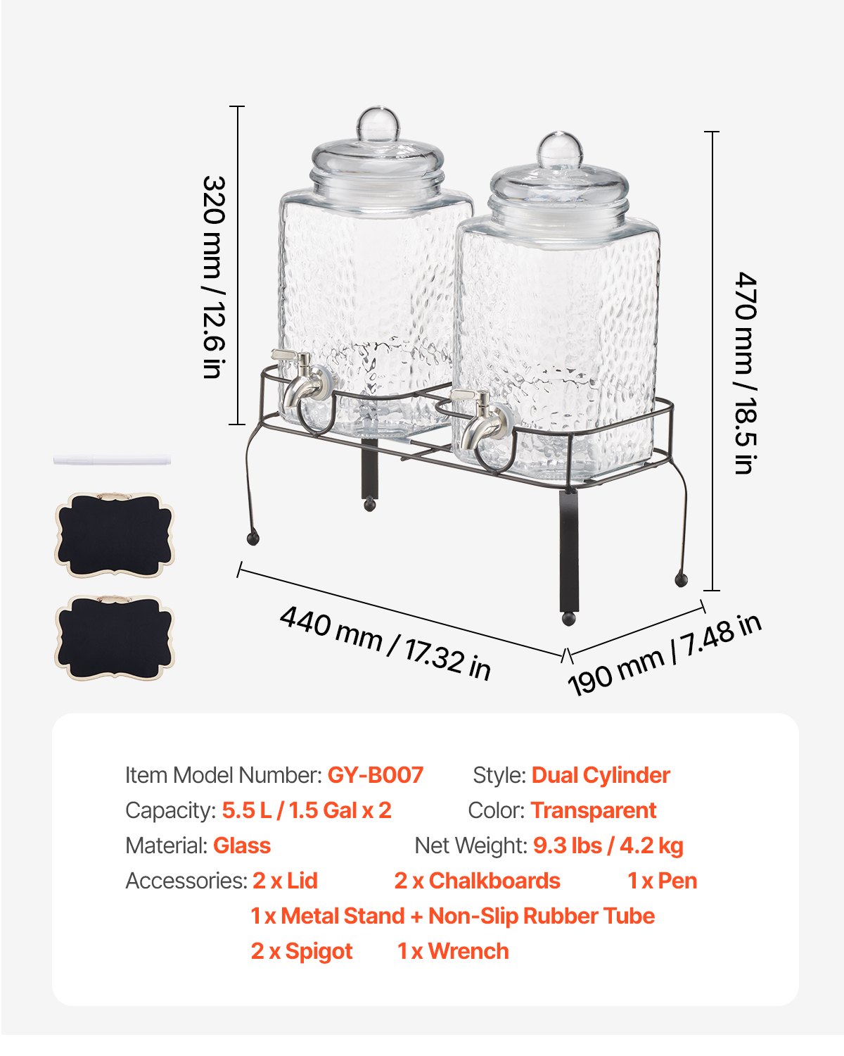 VEVOR Distributore di Bevande, 2 Pezzi da 5,5 L, Contenitore di Succhi in Vetro con Supporto in Metallo, Rubinetto in Acciaio Inox, Infusore, Distributore di Tè Freddo, Limonata, per Feste