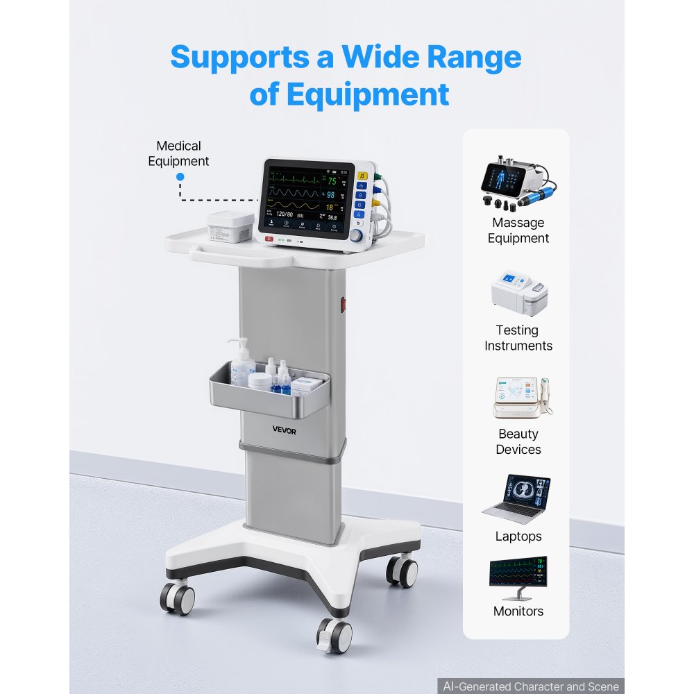 VEVOR Carrello Medico con Sollevamento Elettrico e Portata Max di 50 kg, Ideale per Cliniche Ospedali e Laboratori, Supporto Stabile, Altezza Regolabile e Ruote Silenziose Girevoli a 360° con Blocco
