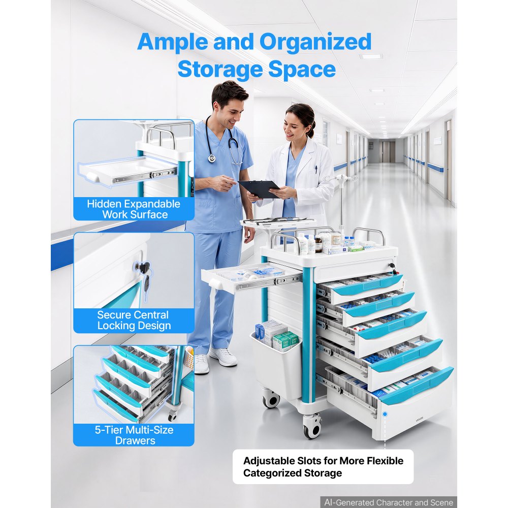 VEVOR Carrello Medico con Portata 110 kg Dotato di 5 Cassetti e Scomparti, Ideale per Ospedali, Cliniche e Laboratori, Supporto Stabile, Ruote Silenziose e Girevoli a 360° con Blocco, per Stoccaggio