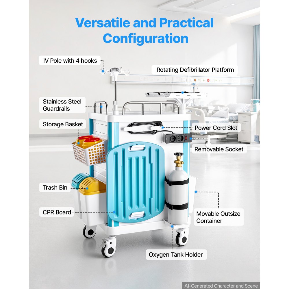 VEVOR Carrello Medico con Portata 110 kg Dotato di 5 Cassetti e Scomparti, Ideale per Ospedali, Cliniche e Laboratori, Supporto Stabile, Ruote Silenziose e Girevoli a 360° con Blocco, per Stoccaggio