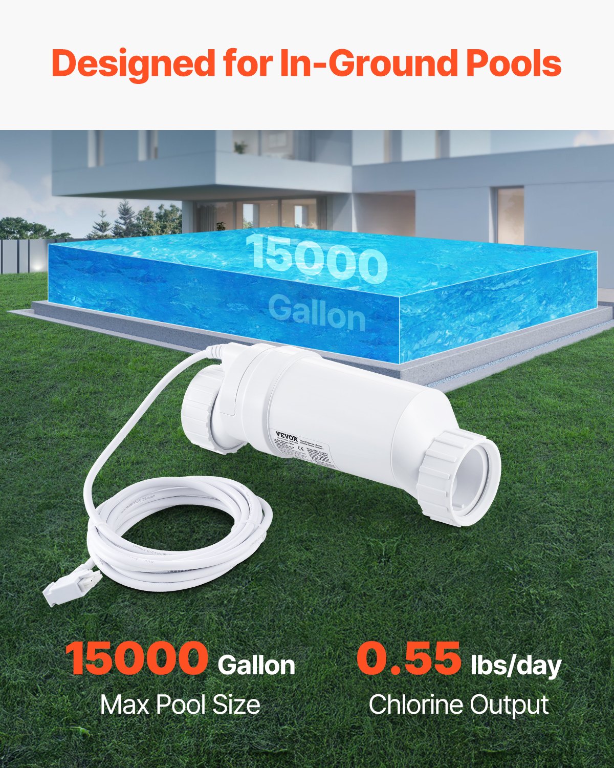 VEVOR Sistema di Clorazione dell'Acqua Salata, Cella di Clorazione per Piscine Adatta per Hayward W3T-Cell-3 (T3), Sistema per Piscine Interrate max. 15000 Galloni Cavo da 4,6m, Bianco