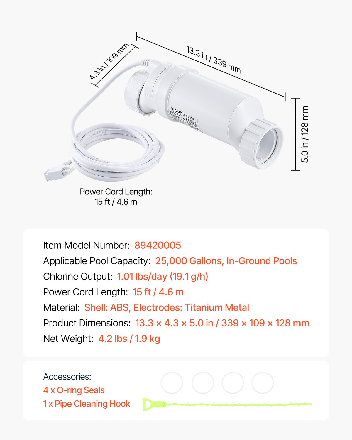 VEVOR Sistema di Clorazione dell'Acqua Salata, Cella di Clorazione per Piscine Adatta per Hayward W3T-Cell-9 (T9), Sistema per Piscine Interrate max. 25000 Galloni Cavo da 4,6m, Bianco