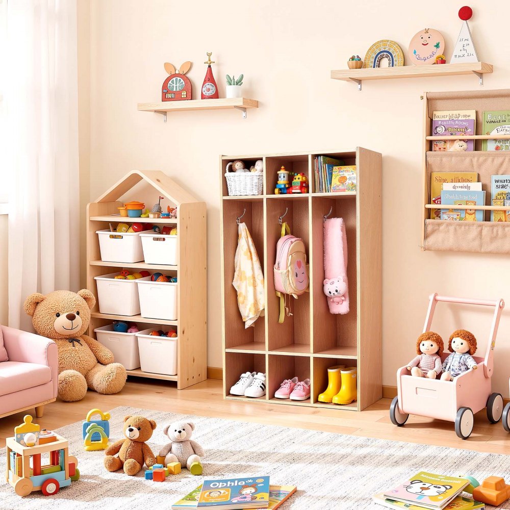 VEVOR Armadietto Guardaroba per Bambini 3 Scomparti in Legno Armadio Porta Cappotti Scarpe per Bambini da Asilo Nido Scuola Materna Area Scolastica, Dimensioni Generali da 69,8 x 31,5 x 116 cm