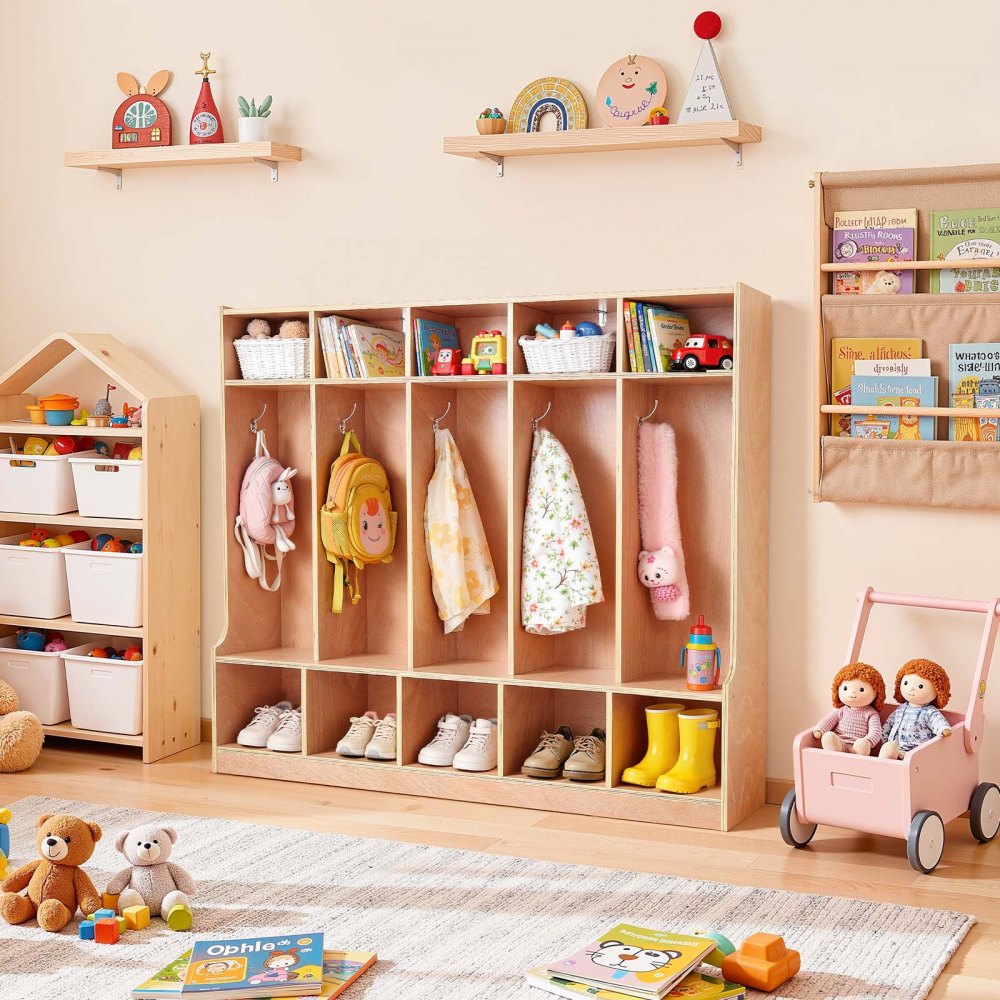 VEVOR Armadio Porta Cappotti Scarpe per Bambini 5 Scomparti, Armadietto per Bambini Guardaroba per Spazio Asilo Nido Scuola Materna Casa, 10 Piccoli Scomparti di Stoccaggio, Armadietto con Ganci