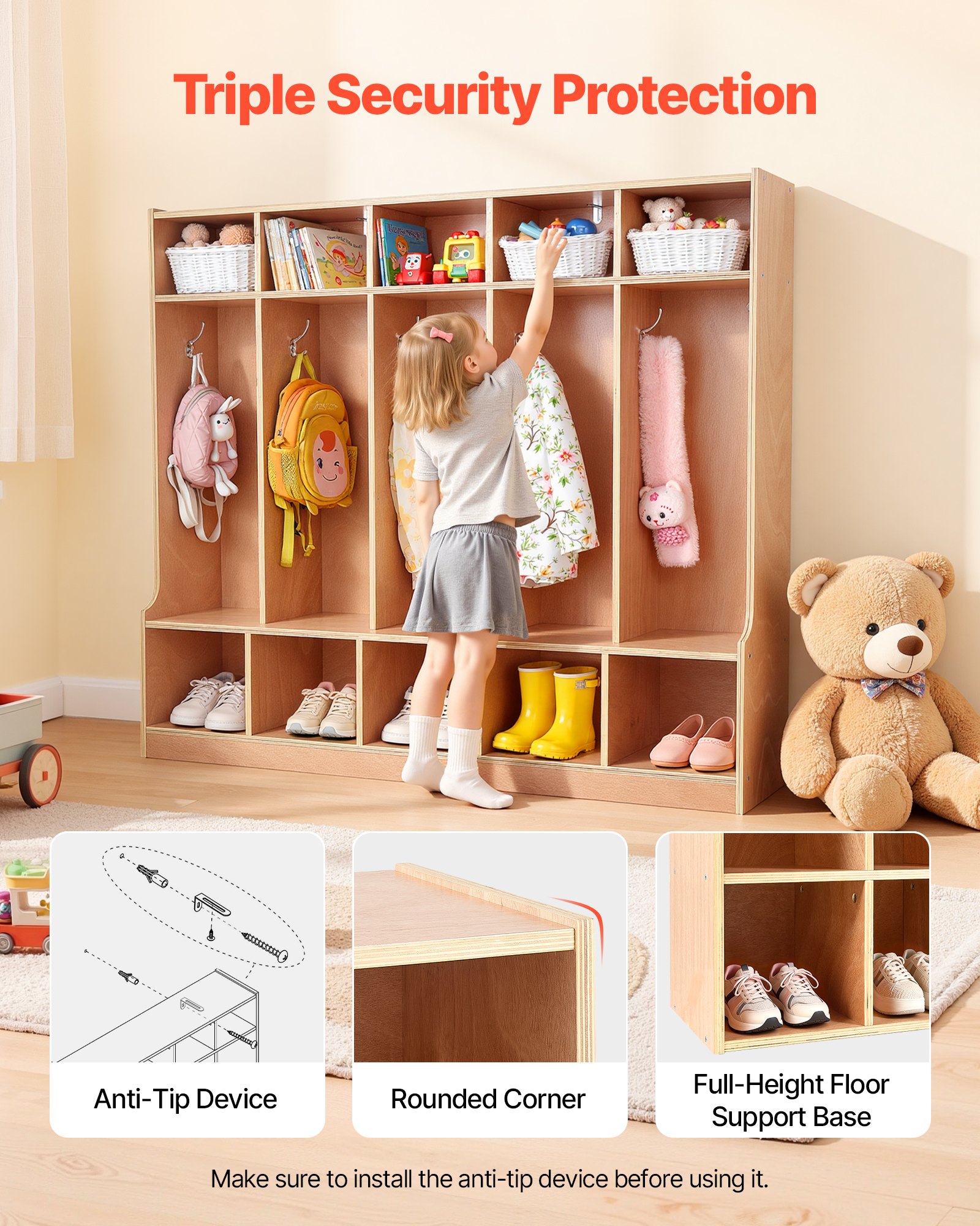 VEVOR Armadio Porta Cappotti Scarpe per Bambini 5 Scomparti, Armadietto per Bambini Guardaroba per Spazio Asilo Nido Scuola Materna Casa, 10 Piccoli Scomparti di Stoccaggio, Armadietto con Ganci