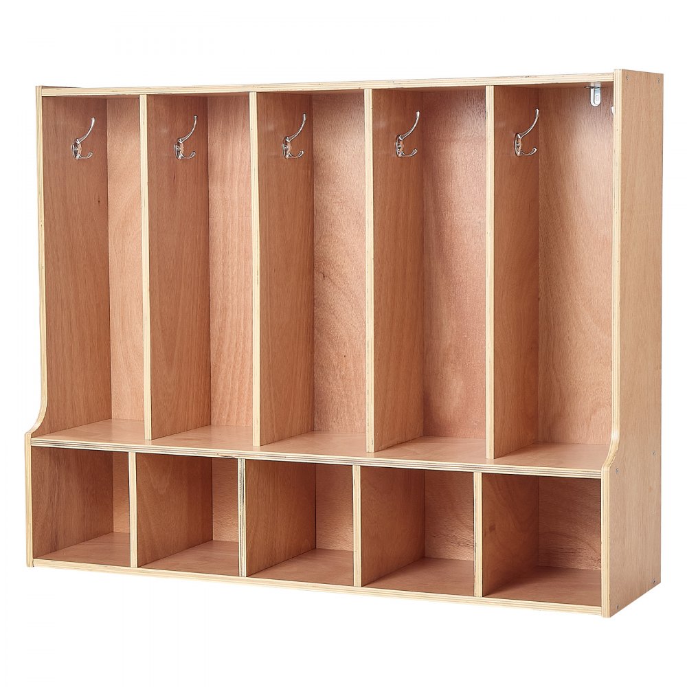 VEVOR 5-Section Kids Coat Locker, Wooden Toddler Cubby Storage Organizer with 10 Hooks & Non-Slip Mat, Modern Kid Coat Cubbies with 5 Small Open Storage Boxes for Home, Kindergarten, Daycare, Natural