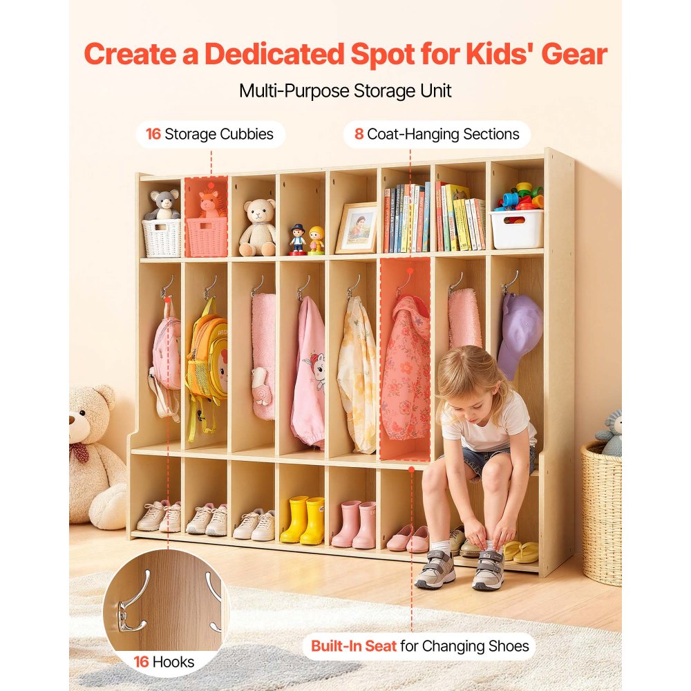 VEVOR Armadietto Aperto Porta Cappotti per Bambini 8 Scomparti, Armadio Porta Cappotti Scarpe per Spazio Asilo Nido Scuola Materna Camerette per Bambini Area Ricezione Scolastica, Mobiletto Armadio