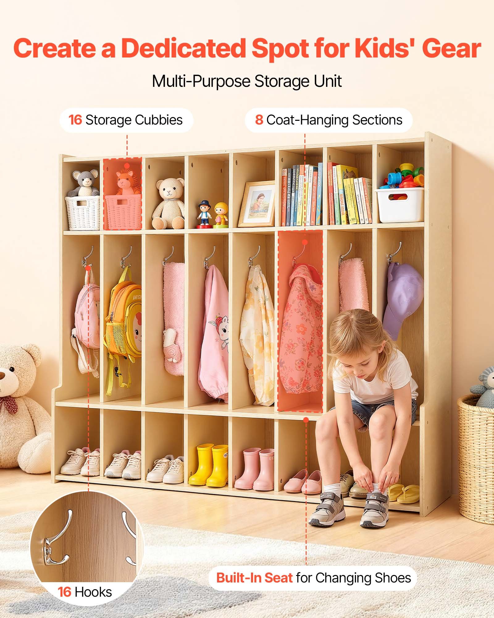 VEVOR Armadietto Aperto Porta Cappotti per Bambini 8 Scomparti, Armadio Porta Cappotti Scarpe per Spazio Asilo Nido Scuola Materna Camerette per Bambini Area Ricezione Scolastica, Mobiletto Armadio