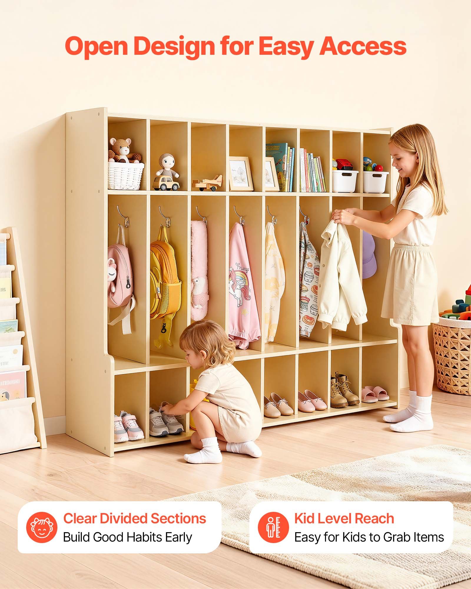 VEVOR Armadietto Aperto Porta Cappotti per Bambini 8 Scomparti, Armadio Porta Cappotti Scarpe per Spazio Asilo Nido Scuola Materna Camerette per Bambini Area Ricezione Scolastica, Mobiletto Armadio