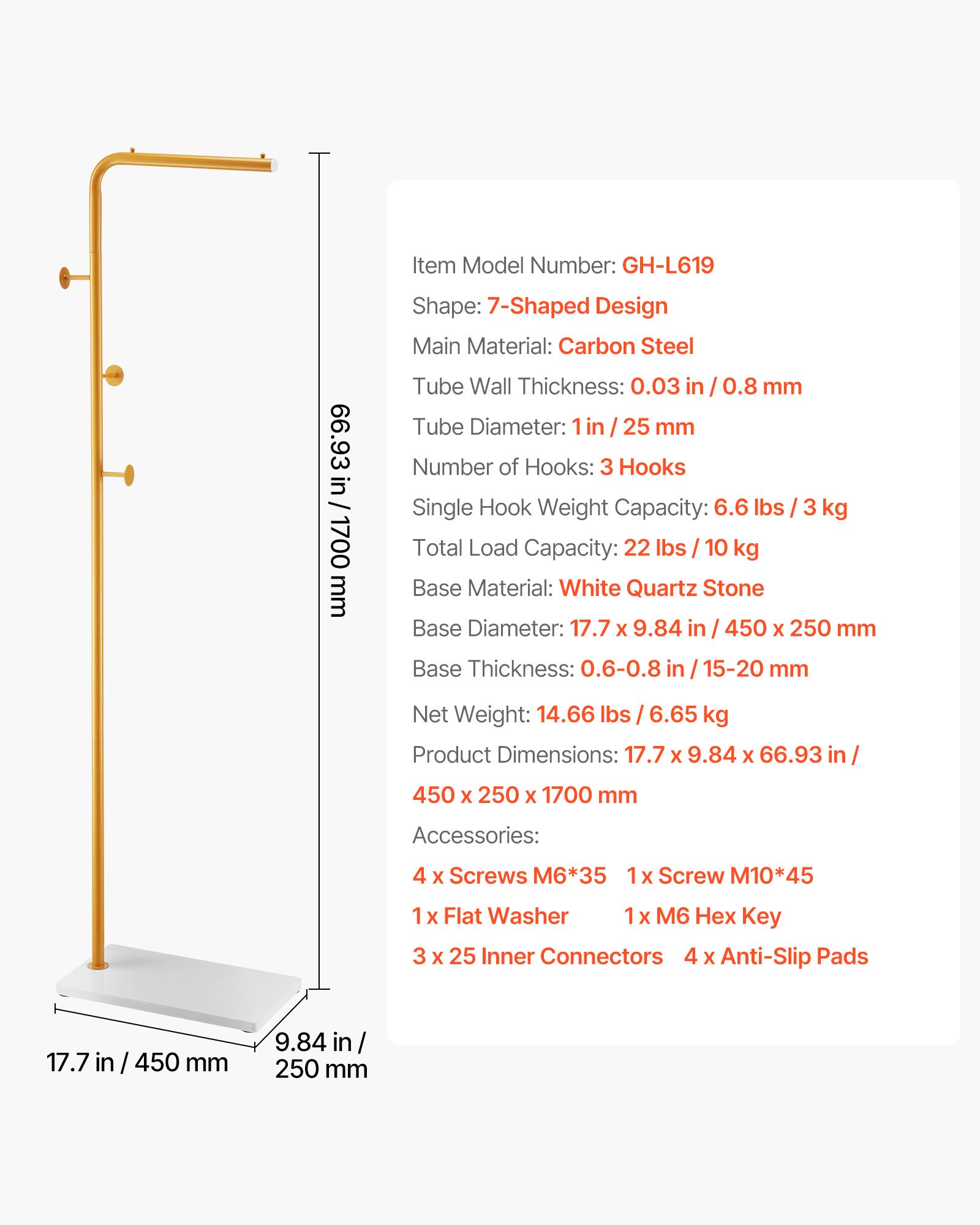VEVOR Appendiabiti da Terra 450 x 250 x 1700 mm Appendiabiti in Metallo con Base in Pietra di Quarzo e 3 Ganci Rotondi, per Ingresso, Camera da Letto, Soggiorno, per Cappotti, Cappelli, Borse