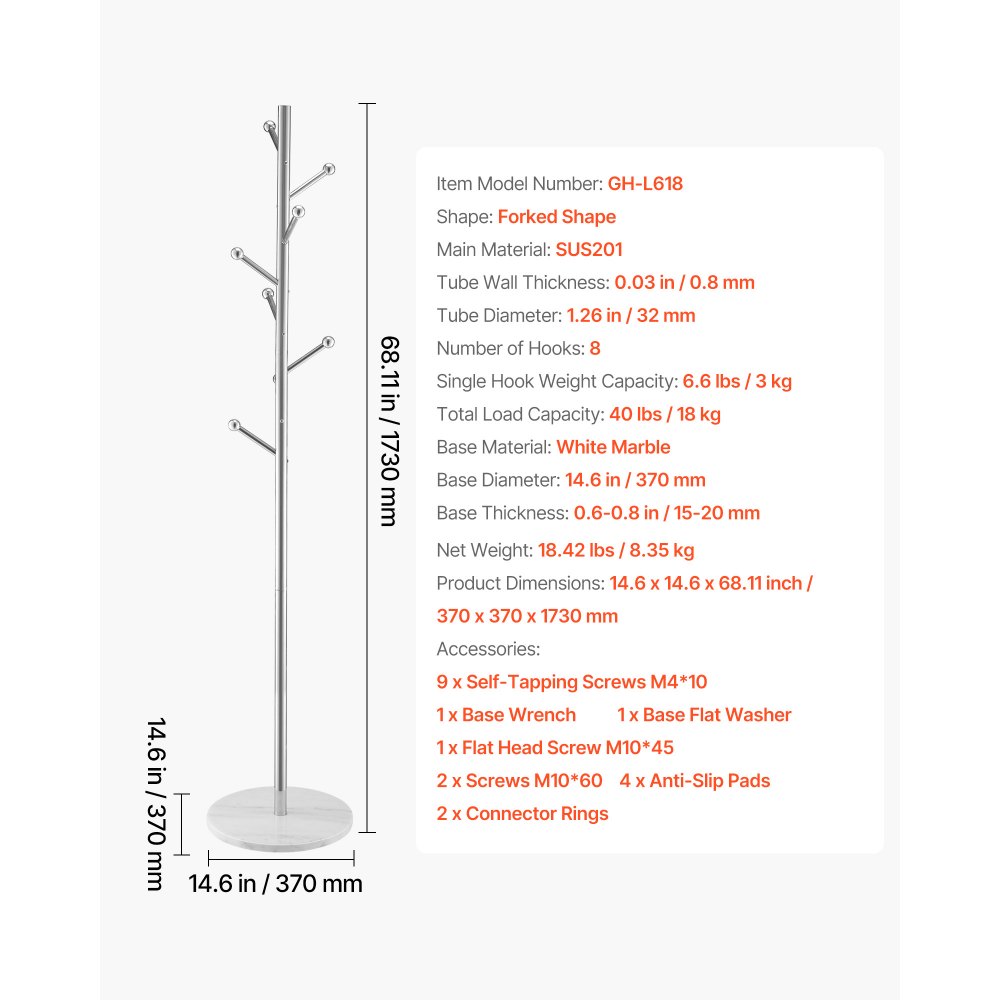 VEVOR Appendiabiti da Terra 370 x 370 x 1730 mm Appendiabiti Indipendente con Base in Marmo Stabile e 8 Ganci, per Ingresso, Camera da Letto, Ufficio, Soggiorno, per Cappotti, Cappelli, Borse