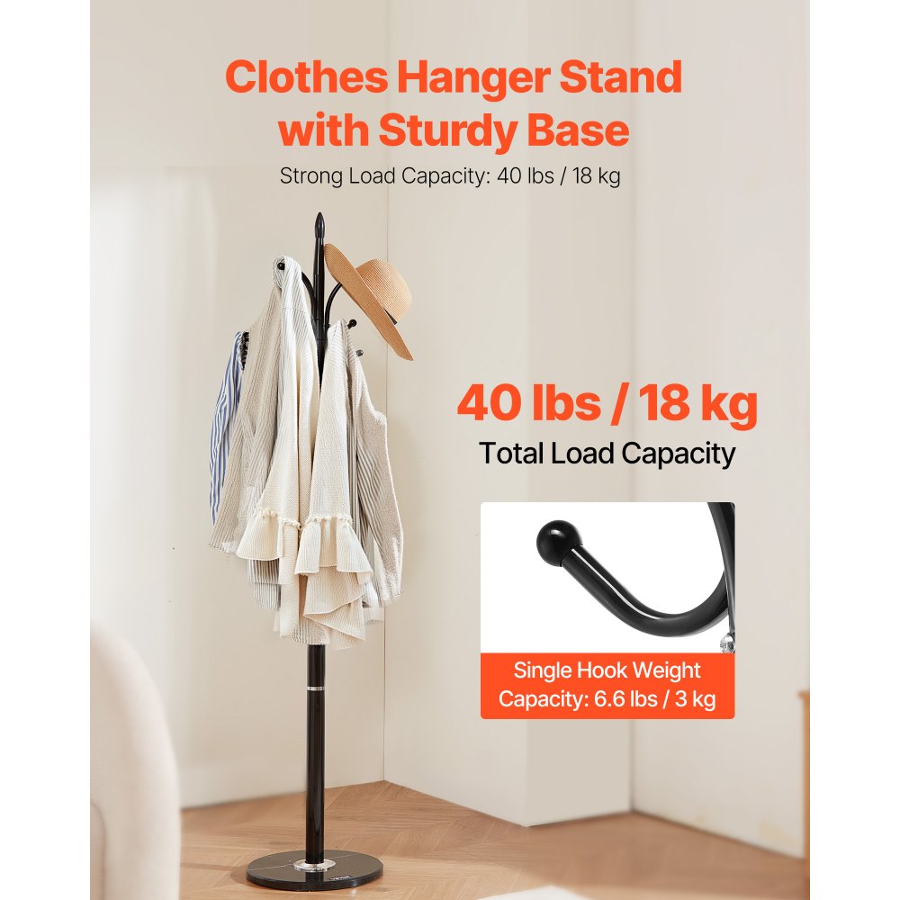 VEVOR Coat Rack Freestanding, Coats Tree Stand with Stable Marble Base & 6 Hooks, Free Standing Hall Coat Rack for Entryway, Bedroom, Office, Living Room, Modern Clothes Hanger for Coats, Hats, Bags