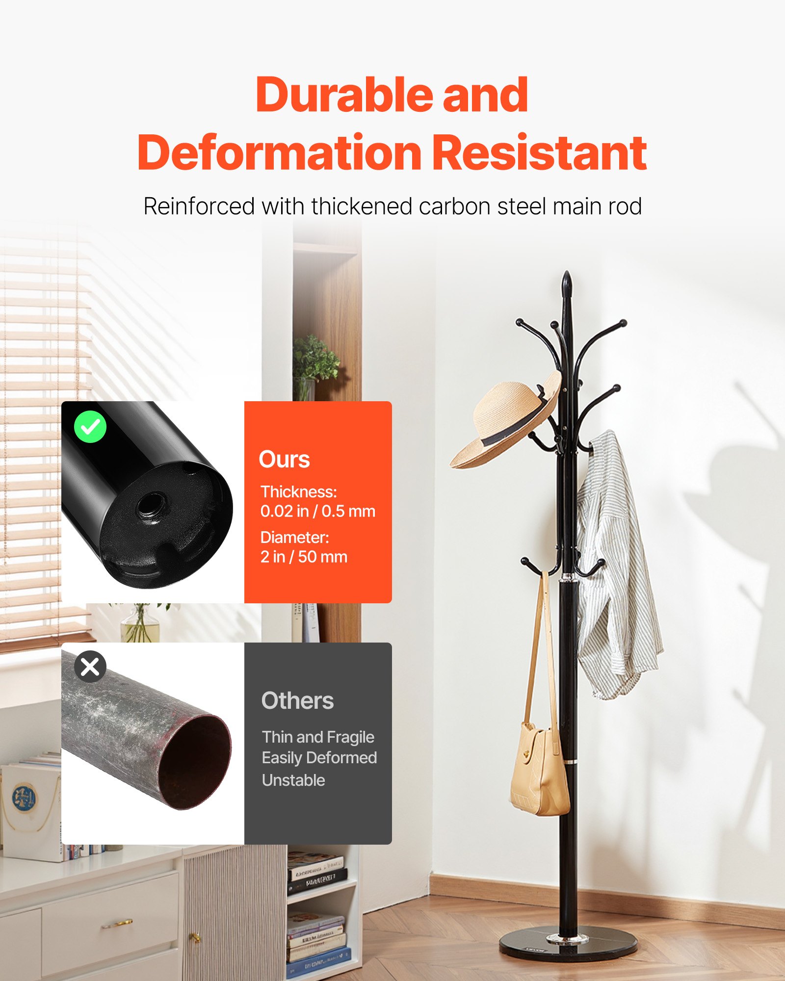 VEVOR Appendiabiti da Terra 370 x 370 x 1800 mm Appendiabiti Indipendente con Base in Marmo Stabile e 6 Ganci, per Ingresso, Camera da Letto, Ufficio, Soggiorno, per Cappotti, Cappelli, Borse