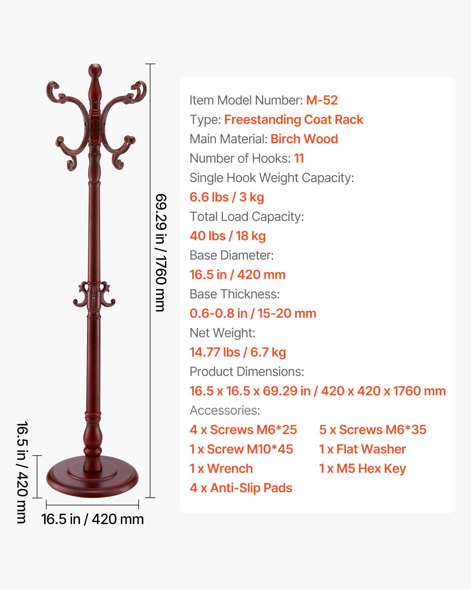 VEVOR Coat Rack Freestanding, Wooden Coats Rack Stand with Weighted Base & 11 Hooks, Free Standing Hall Coat Tree for Entryway, Bedroom, Living Room, Modern Clothes Hanger Stand for Coats, Hats, Bag