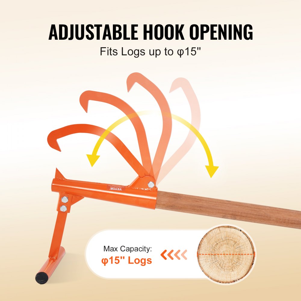 VEVOR Felling Lever, 1180 mm, Log Lifter with Wooden Handle, Log Turner with Adjustable Turning Hook, Forestry Hook, Felling Aid for Logs up to φ 38 cm, Log Lifter for Rolling, Cutting & Lifting Logs