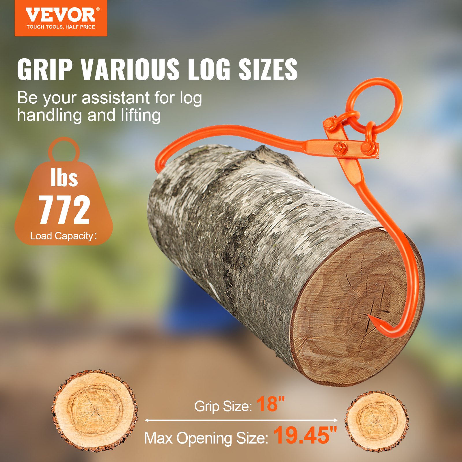 VEVOR Pinza Forestale per Tronchi 457,2 mm Pinza di Sollevamento per Tronchi di Legno Ganci 2 Griffe Girevoli Portata max. 350 kg Pinza per Legno in Acciaio per Trattori Camion ATV Carrelli Elevatori
