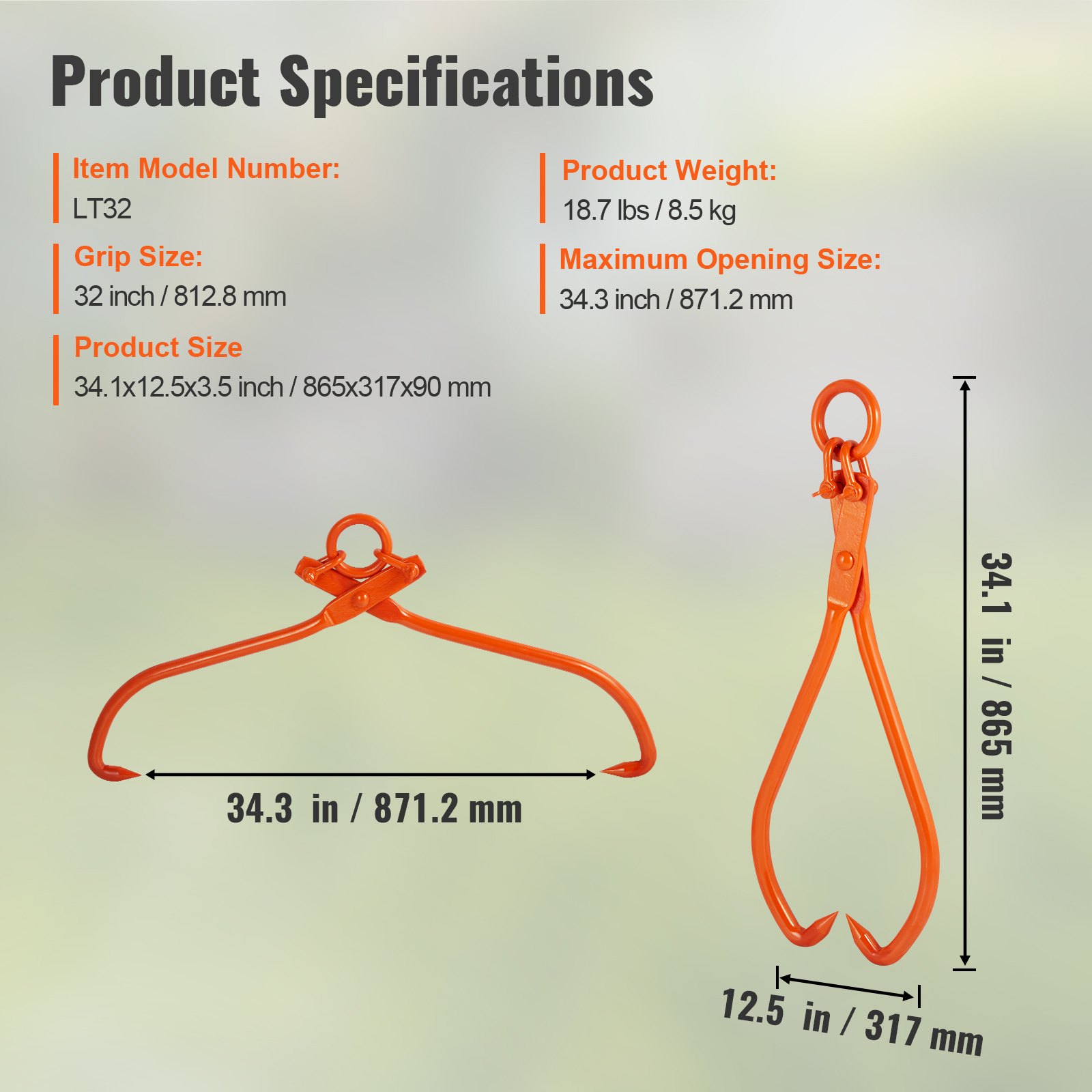 VEVOR Pinza per tronchi, Pinza per sollevamento tronchi da 32 pollici a 2 artigli, Pinza per tronchi in acciaio resistente, Capacità di carico 1543 libbre/700 kg, Strumento per sollevare