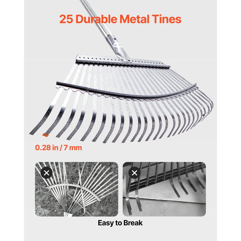 VEVOR Leaf Rake, 25 Metal Tines, Adjustable Garden Rake for Lawns with 46.5 cm Wide Head and 92.5-185 cm Long Handle, Heavy Duty Stainless Steel Small Leaves Tool for Gardening Camping Yard Grass