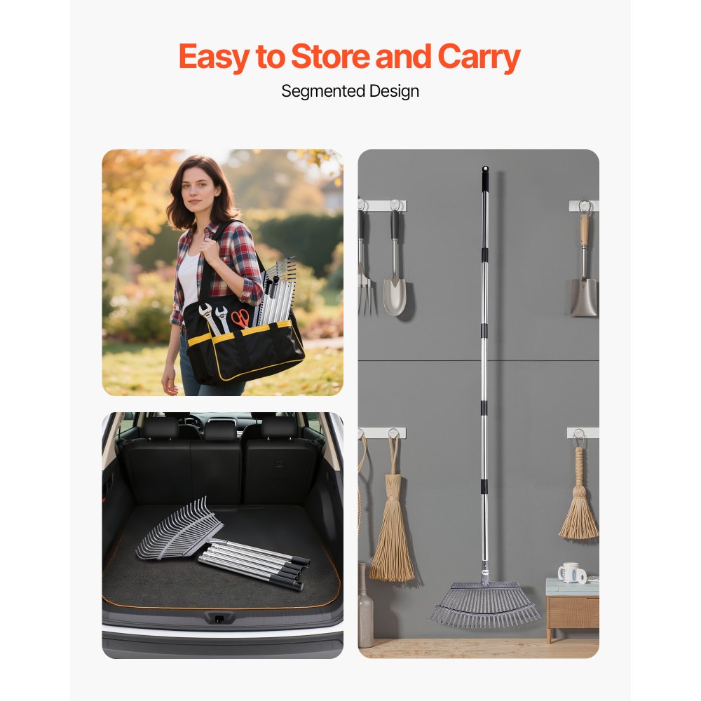 VEVOR Leaf Rake, 25 Metal Tines, Adjustable Garden Rake for Lawns with 46.5 cm Wide Head and 92.5-185 cm Long Handle, Heavy Duty Stainless Steel Small Leaves Tool for Gardening Camping Yard Grass